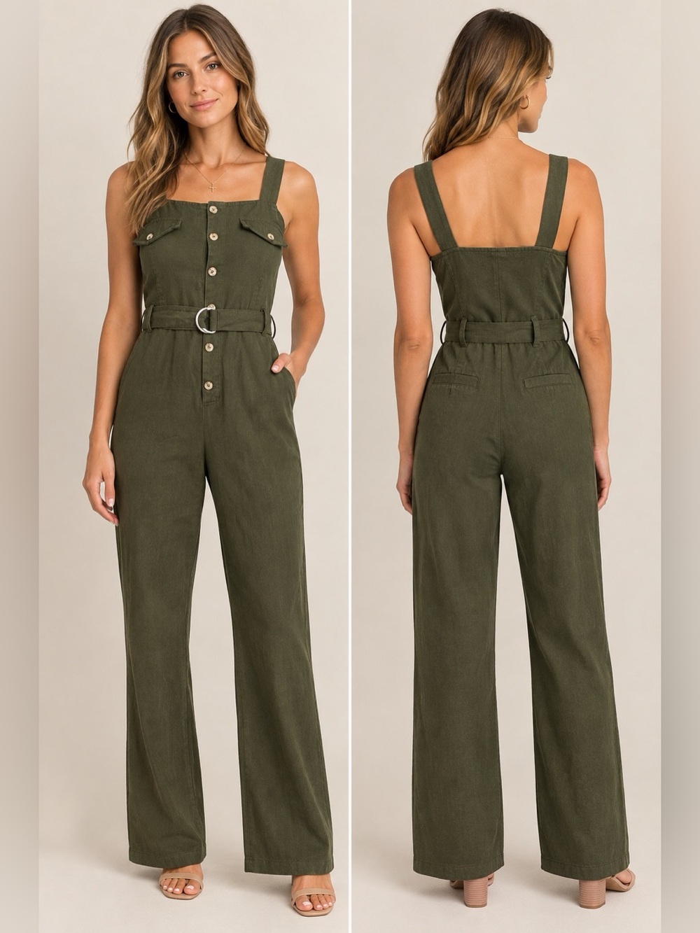 Feathers Olive Green Belted Wide Leg Jumpsuit Size M